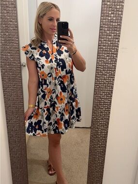 Amazon White Floral Tiered Dress with Navy and Orange Flowers